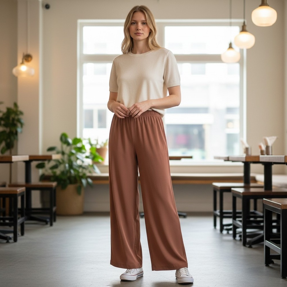 Halara Womens High Waisted Wide Leg Trousers Terracotta Brown Size L NEW